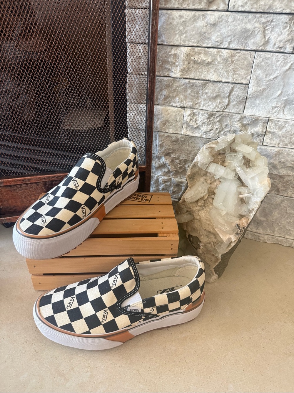 Vans Stacked Checkerboard Slip-On Sneakers - Black & White with Tan Accents